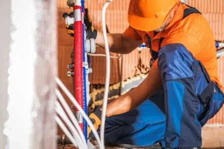 A professional commercial plumber in a blue hard hat and safety gear using an adjustable wrench to service a complex industrial water heating and piping system.