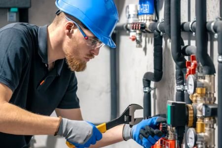A professional plumber in a blue hard hat and safety glasses using a large adjustable wrench to tighten industrial piping in a mechanical room.