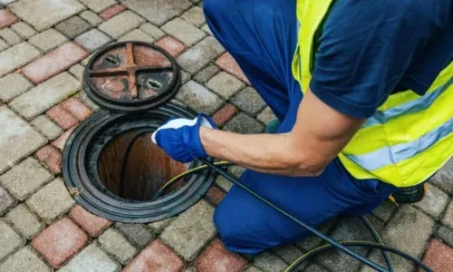 A professional technician in a yellow safety vest inserting a flexible drain snake or inspection camera into an open sewer manhole on a paved driveway.