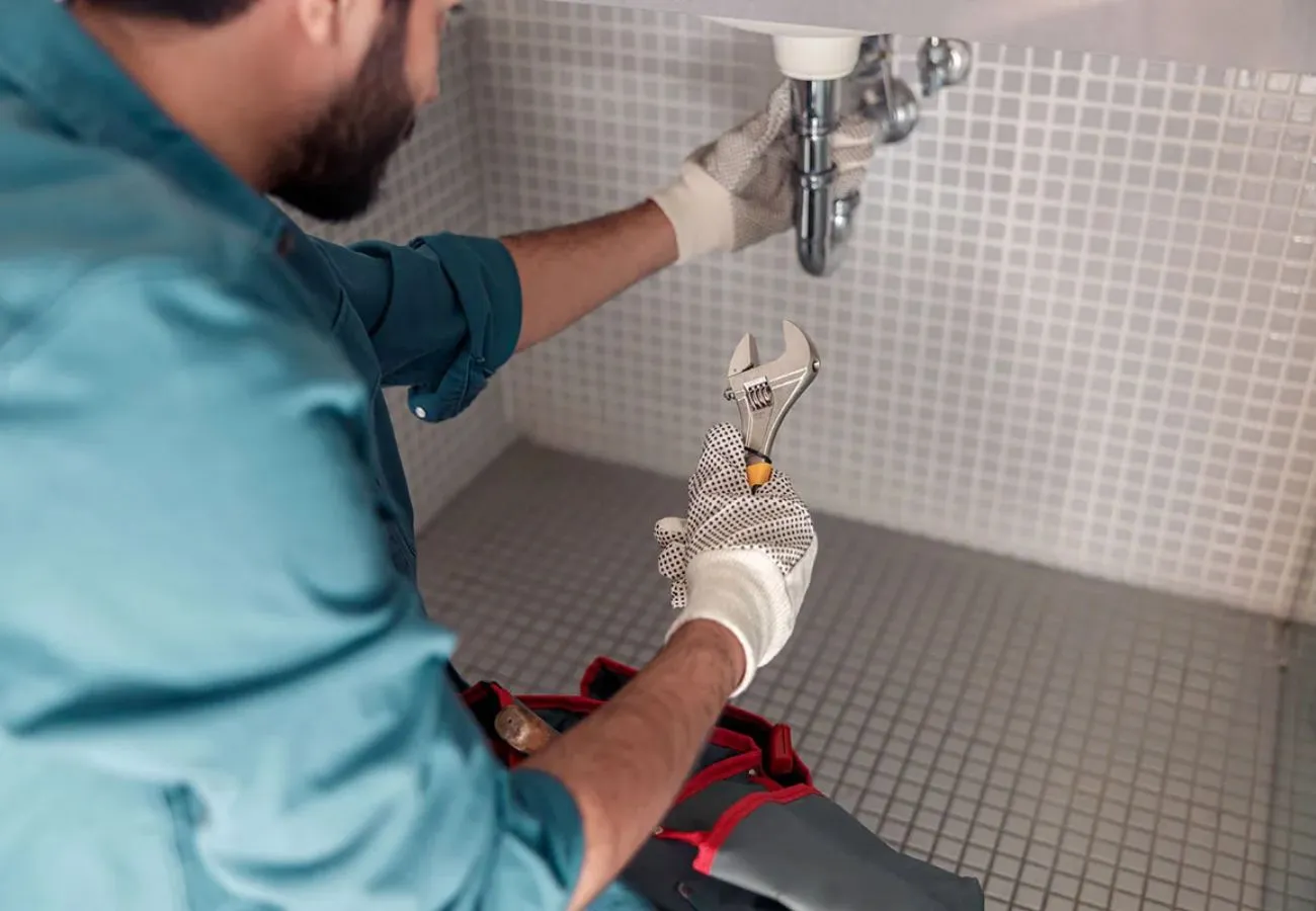 Professional plumber in Houston performing general plumbing maintenance on a bathroom sink drain.