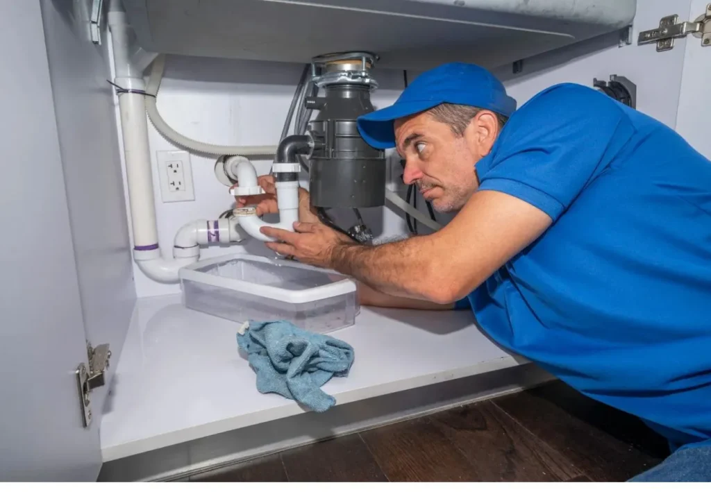 Professional Houston plumber inspecting and repairing a kitchen sink drain and garbage disposal unit.