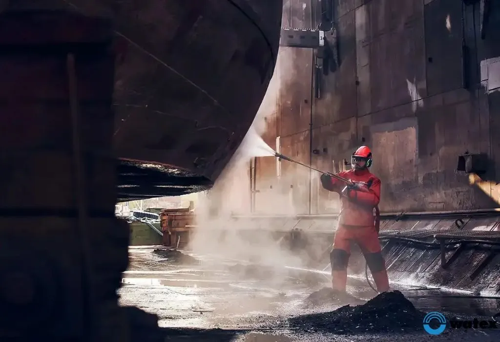 Industrial professional performing high-pressure hydro jetting service in Houston to clear blocked pipes.