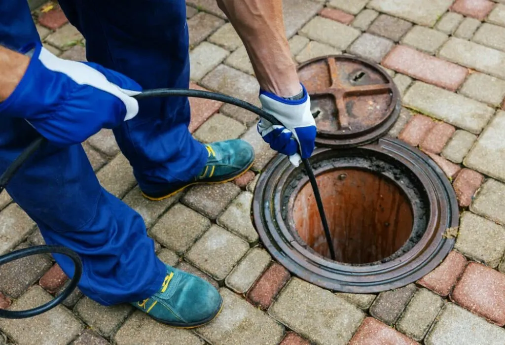 Professional plumber using a drain snake to clear a main sewer line through an outdoor manhole in Houston, TX.