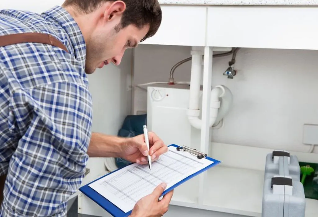 Professional plumber conducting a detailed plumbing inspection under a kitchen sink in Houston.
